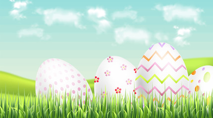 Easter eggs Vector realistic. Spring holiday banner. 3d detailed poster templates