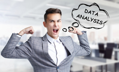 Business, technology, internet and networking concept. Young entrepreneur shouts out a keyword: Data analysis