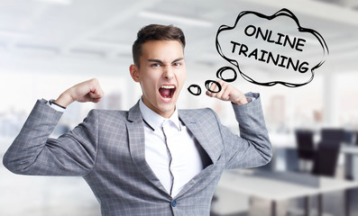 Business, technology, internet and networking concept. Young entrepreneur shouts out a keyword: Online training