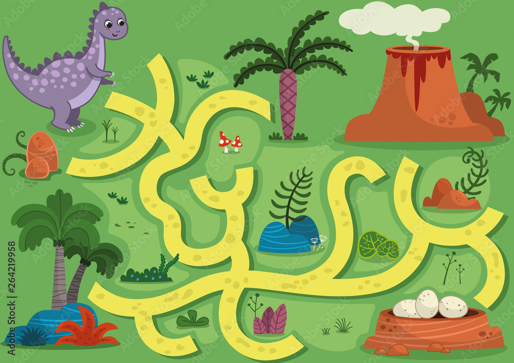 Wall mural vector illustration maze game with dinosaur theme. can you help the dinosaur to find the eggs?