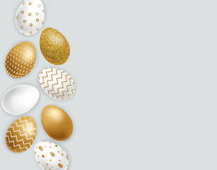 Easter painted golden eggs Vector realistic collection. Abstract ornamented cute design. 3d detailed sets