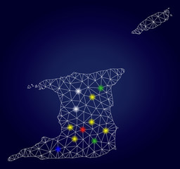 Bright mesh vector Trinidad and Tobago map with glare lightspots. Mesh model for political purposes. Abstract lines, dots, glare spots are organized into Trinidad and Tobago map.