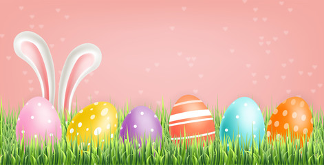 Colorful Easter eggs Vector realistic. Spring holiday banner. 3d detailed poster templates