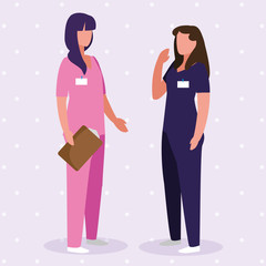 female medicine workers with uniform characters