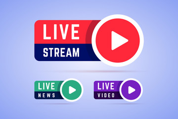 Live news, video and stream signs, buttons. Icons with play button and text -  live stream, live video and live news. Vector illustration.