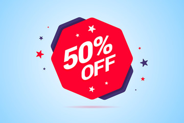 Round discount tag with 50% off text. Label for special offers, discounts, sales and other shop or service promotions. Vector illustration.