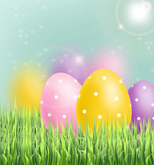 Colorful Easter eggs Vector realistic. Spring holiday banner. 3d detailed poster templates