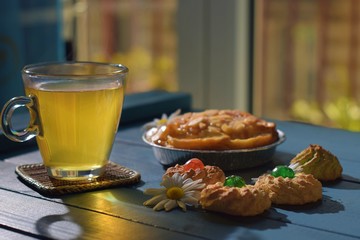 Camomile tea with cookies and Apple Pie
