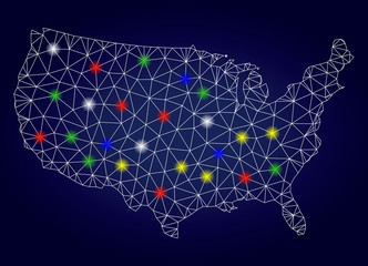 Glamour mesh vector USA map with glare light spots. Mesh model for political templates. Abstract lines, dots, light spots are organized into USA map. Dark blue gradiented background.