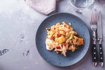 Dietary salad with chicken and  kinoa . Copy space. Top view