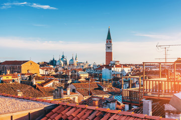 Aerial view on rooftops of Venice at sunset, Italy