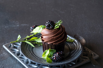 Chocolate cupcakes with blackberry and mint.  Tasty chocolate cupcake with berries.