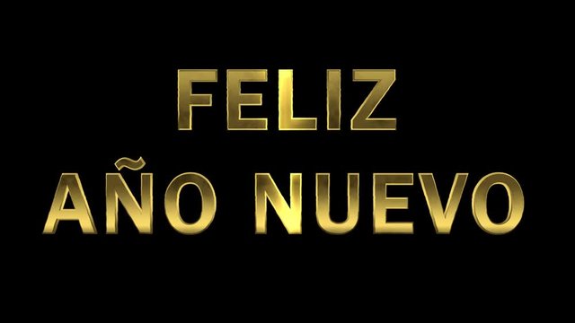 Animation particles are collected in the golden letters - Feliz Ano Nuevo, Happy New Year in spanish language.