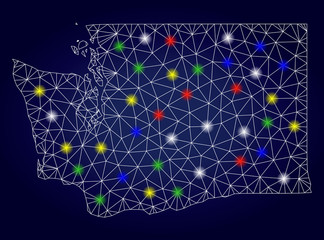 Bright mesh vector Washington State map with glowing light spots. Lowpoly model for political templates. Abstract lines, dots, light spots are organized into Washington State map.