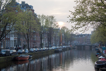 Evening streets of Amsterdam in the spring, the Netherlands