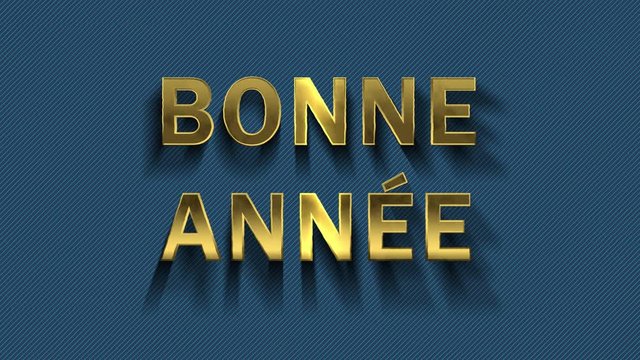 Animation of colored particles turn into blue background and inscription - Bonne Annee, Happy New Year in french language.
