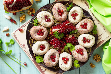 Georgian cuisine. Fresh homemade pkhali bean on the kitchen wooden table. Top view flat lay background.