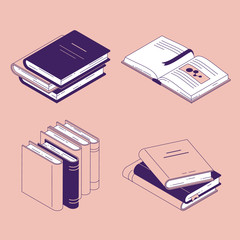 Isometric book vector illustration set - isolated closed and open paper literature or diary with bookmarks.