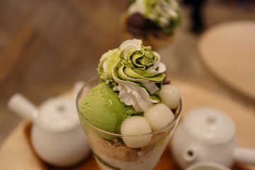 Green tea dessert with whipped cream