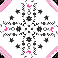 Hand painted ornamental floral Cabochon tile with black and pink diamond design in a fully editable vector format.