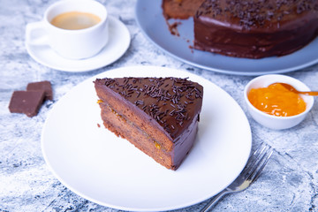 cake. Traditional Austrian chocolate dessert. Homemade baking. Selective focus, close-up.