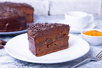 cake. Traditional Austrian chocolate dessert. Homemade baking. Selective focus, close-up.