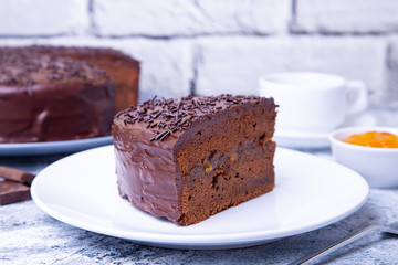 cake. Traditional Austrian chocolate dessert. Homemade baking. Selective focus, close-up.