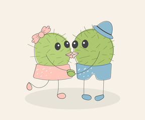 Funny simple naive cute cactus kissing pair:girl with pink bow and boy with blue hat.For decoration of children t-shirts,dresses, pajamas,bed linen,underwear,pillowcases,pillows.Vector illustration