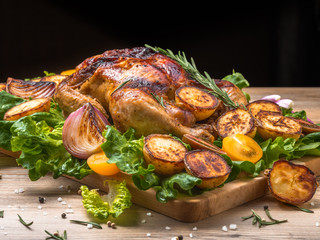 Roasted chicken with grilled potatoes and onion, yellow tomatoes, fresh green salad on wooden table. Owen cooked meat with vegetables. Original food serving in restaurant, cafe. Holiday dinner.