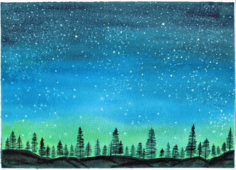 Naklejka premium PAISAJE ACUARELA NOCHE ARBOLES BOSQUE ESTRELLAS LUZ AZUL