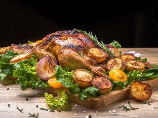 Roasted chicken with grilled potatoes and onion, yellow tomatoes, fresh green salad on wooden table. Owen cooked meat with vegetables. Original food serving in restaurant, cafe. Holiday dinner.