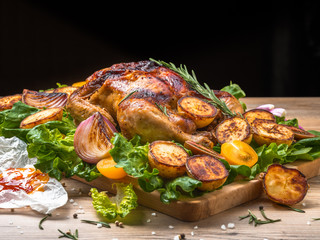 Roasted chicken with grilled potatoes and onion, yellow tomatoes, fresh green salad on wooden table. Owen cooked meat with vegetables. Original food serving in restaurant, cafe. Holiday dinner.
