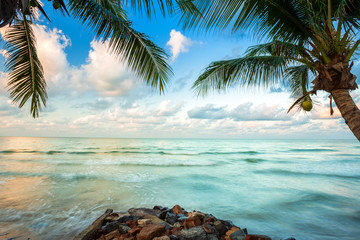 Beautiful early morning sunrise over Coconut tree with the sea the horizon at Hat chao lao beach in Chanthaburi Thailand.