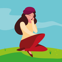 beautiful woman with beret seated in the park
