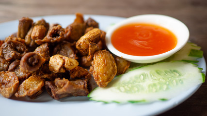 Soft gut Fried until crispy Along with the tomato sauce dip