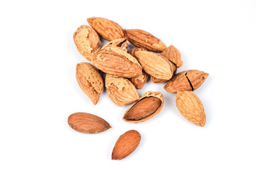 Dry Almonds nuts with shell on white background ,health food.