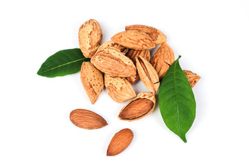 Dry Almonds nuts with shell on white background ,health food.