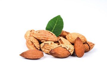 Dry Almonds nuts with shell on white background ,health food.