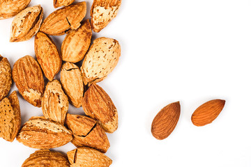 Dry Almonds nuts with shell on white background ,health food.