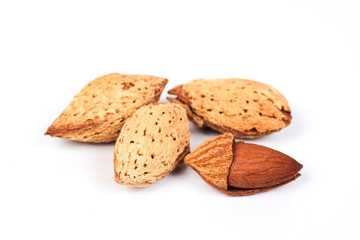 Dry Almonds nuts with shell on white background ,health food.