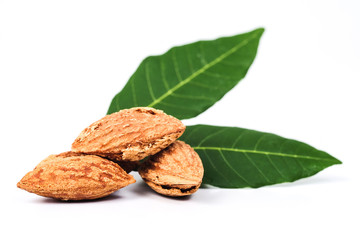 Dry Almonds nuts with shell on white background ,health food.