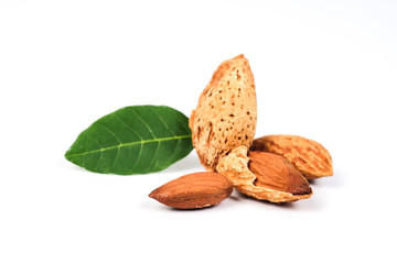 Dry Almonds nuts with shell on white background ,health food.