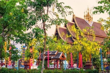 old city moat to street with temple of the evening in Chiang Mai,Thailand.