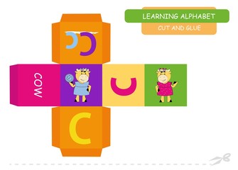 Сut and glue the cube: Letter C. Educational game for kids. Cute zoo alphabet a-z in vector for children. Letter C and funny cartoon cow. 