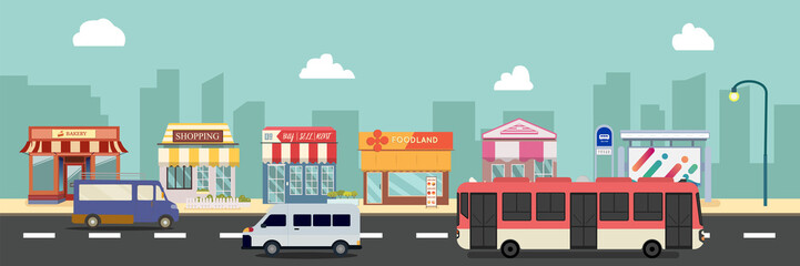 City street and store buildings with bus , minibus on street vector illustration, a flat style design.Business storefront and public bus stop in urban .Public store on main street with cars.