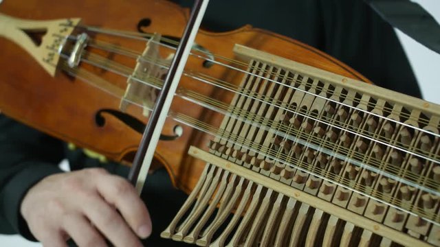 young musician plays nyckelharpa, medieval swedish Scandinavian authentic musical instrument, close-up