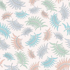 Seamless vector repeat pattern of pastel tropical leaves leaves. Tropical foliage surface pattern design background.