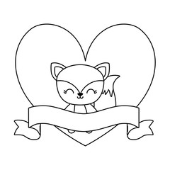cute fox animal with ribbon in frame heart shape