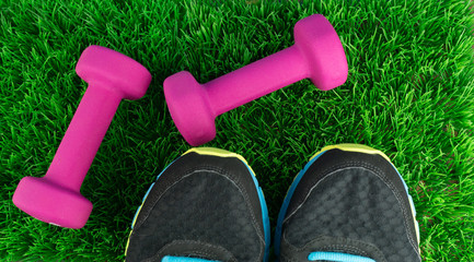 Two pink dumbbells and shoe tips of sneakers in the grass