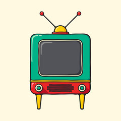 Vintage television set with antenna hand drawn pop art style illustration.
